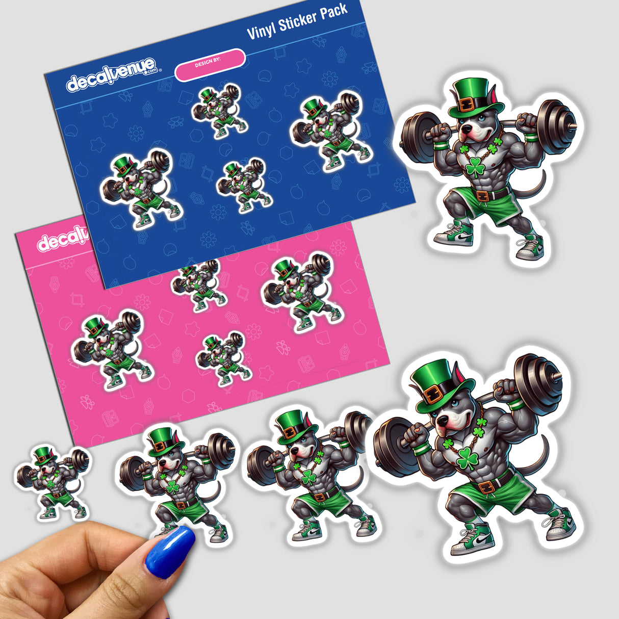 Irish Leprechaun Workout Pitbull Dog II sticker featuring a cartoon muscular dog lifting weights, displayed among other stickers. Available as both a physical sticker and digital artwork from Decal Venue.