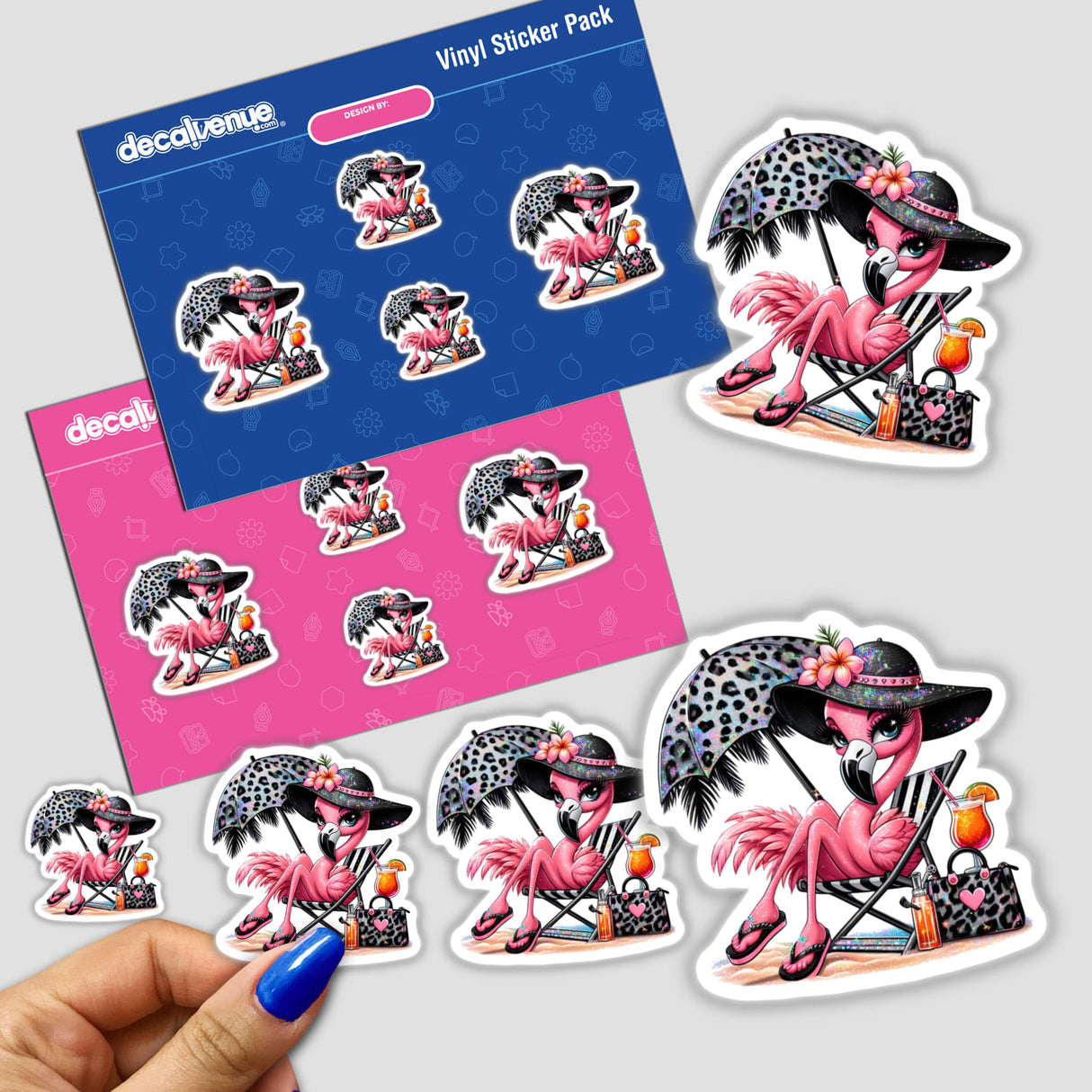 Sparkly Flamingo Beach Diva sticker pack featuring cartoon flamingos lounging in beach chairs, perfect for adding whimsical charm to your collection. Available as stickers or digital artwork from Decal Venue.