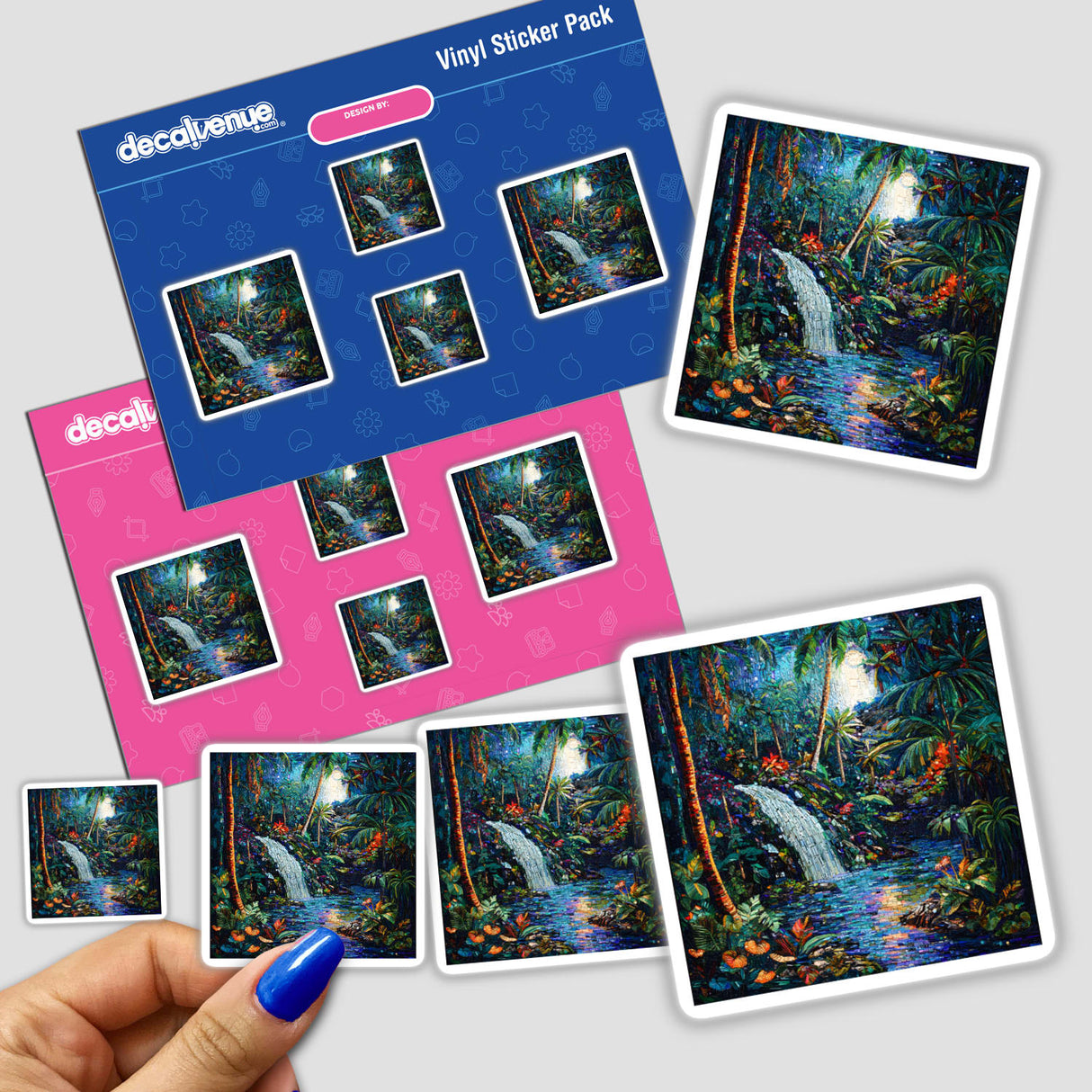 Hand holding Floating Island and Tropical Rainforest Mosaic stickers featuring a detailed waterfall scene.