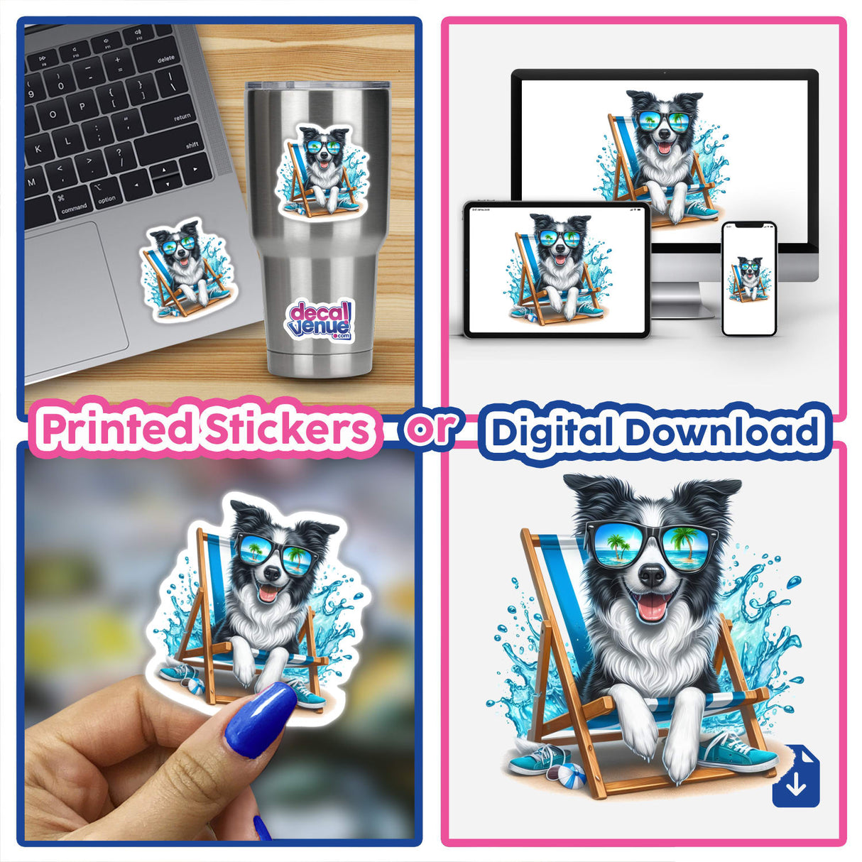 Peeking Border Collie Sitting in Beach Chair sticker, showcasing a playful dog with sunglasses, perfect for laptops. Available as stickers or digital artwork, ideal for adding charm to your space.