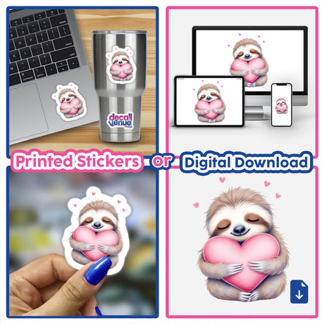 Sleeping Sloth Hugging a Heart Pillow collage, featuring a sloth peacefully embracing a heart pillow; available as stickers or digital art from Decal Venue, known for unique vinyl designs.