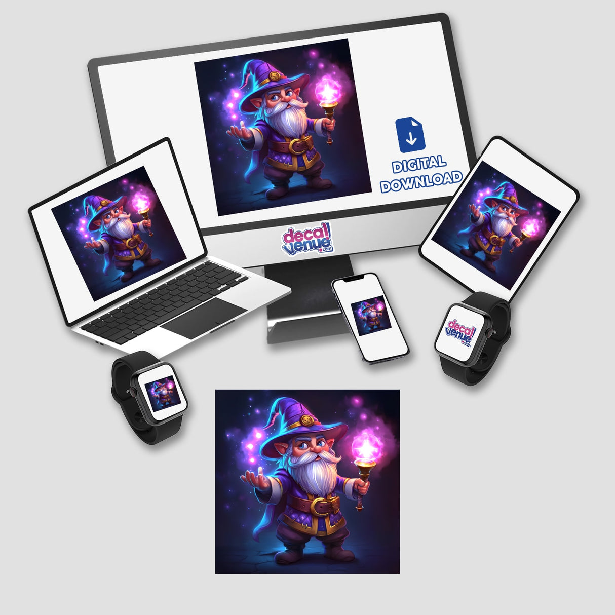 Fantasy Wizard with Vibrant Arcane Magic Effects displayed on various devices including a laptop, tablet, and smartphone. Available as Stickers or Digital Artwork from Decal Venue.