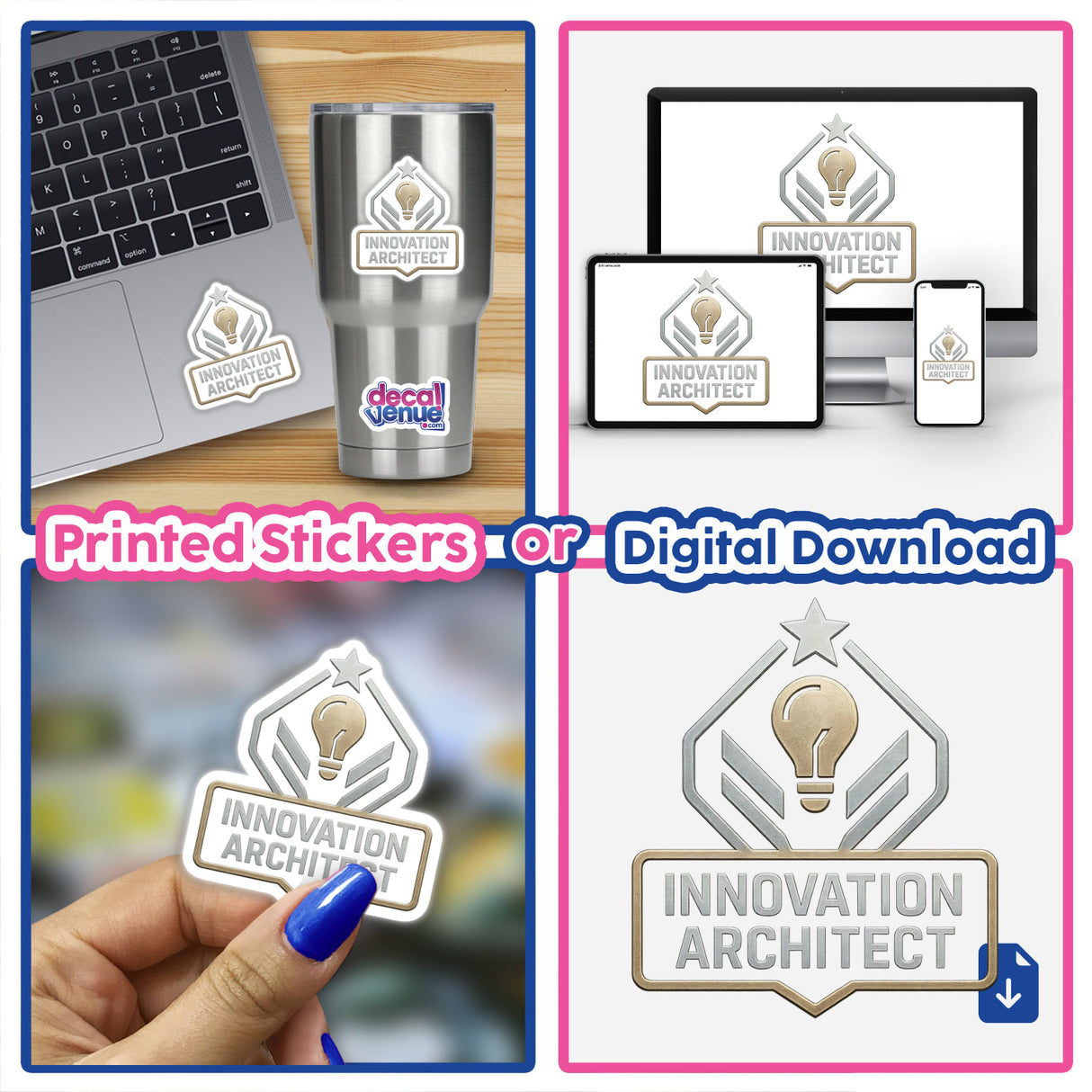 Innovation Architect – RPG-Style Skill Badge featuring a gold and silver futuristic shield design, available as stickers or digital artwork, showcasing intricate detailing suitable for unique vinyl applications.