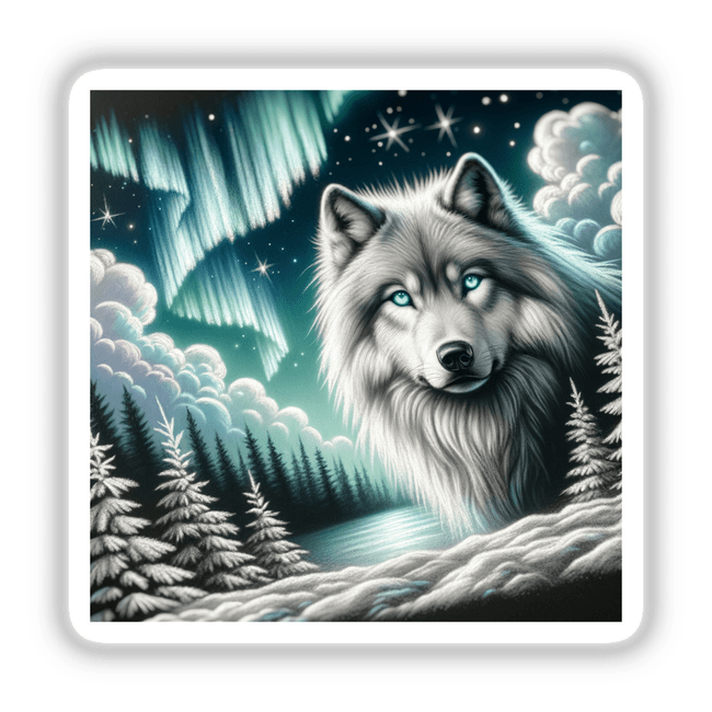 Wolf on a Snowy Ridge Under Aurora Lights: A painting depicting a wolf standing majestically amid snowy terrain, illuminated by vibrant northern lights, available as stickers or digital artwork.