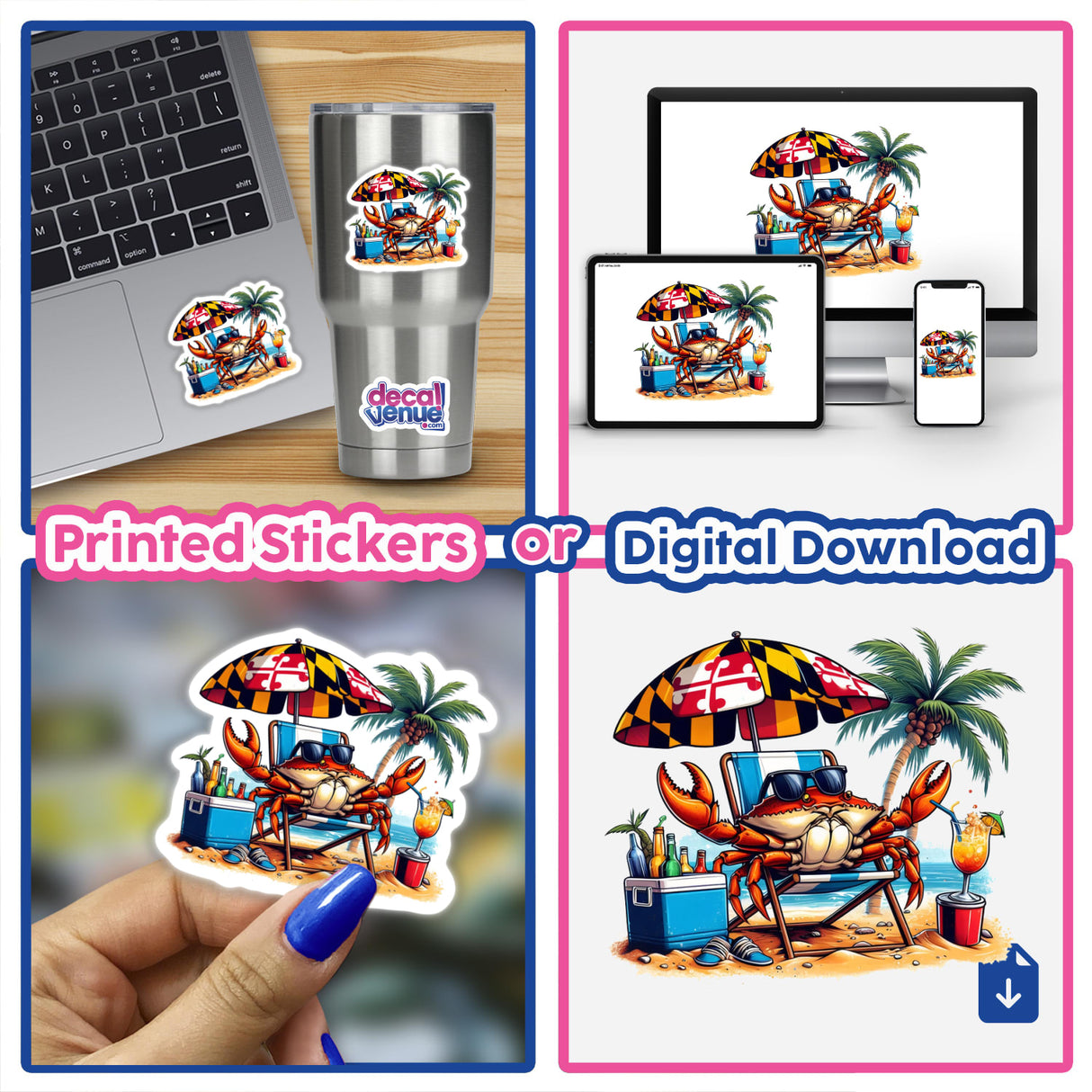 Collage featuring the Maryland Flag Steamed Blue Crab Sunbathing in Beach Chair design, showcased as stickers and digital artwork, highlighting a laptop adorned with a crab sticker.