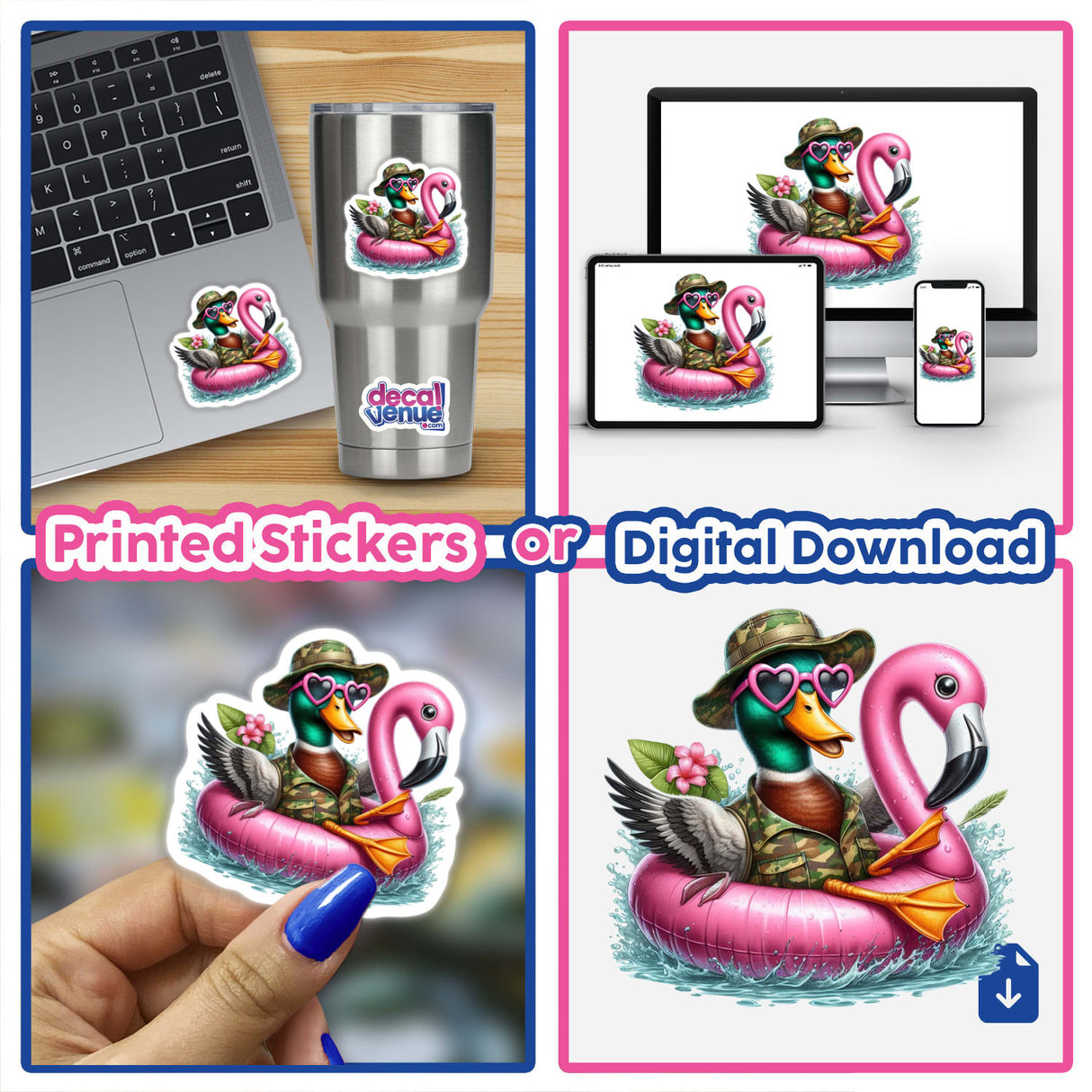 Camo Mallard Duck in Flamingo Float II: A cartoon duck with a hat and sunglasses on a pink flamingo, available as unique vinyl stickers or digital artwork from Decal Venue.