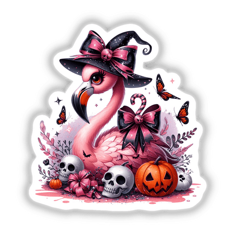 Halloween Flamingo Bird Witch sticker or digital art featuring a pink flamingo with a black witch hat, surrounded by skulls and a carved pumpkin.