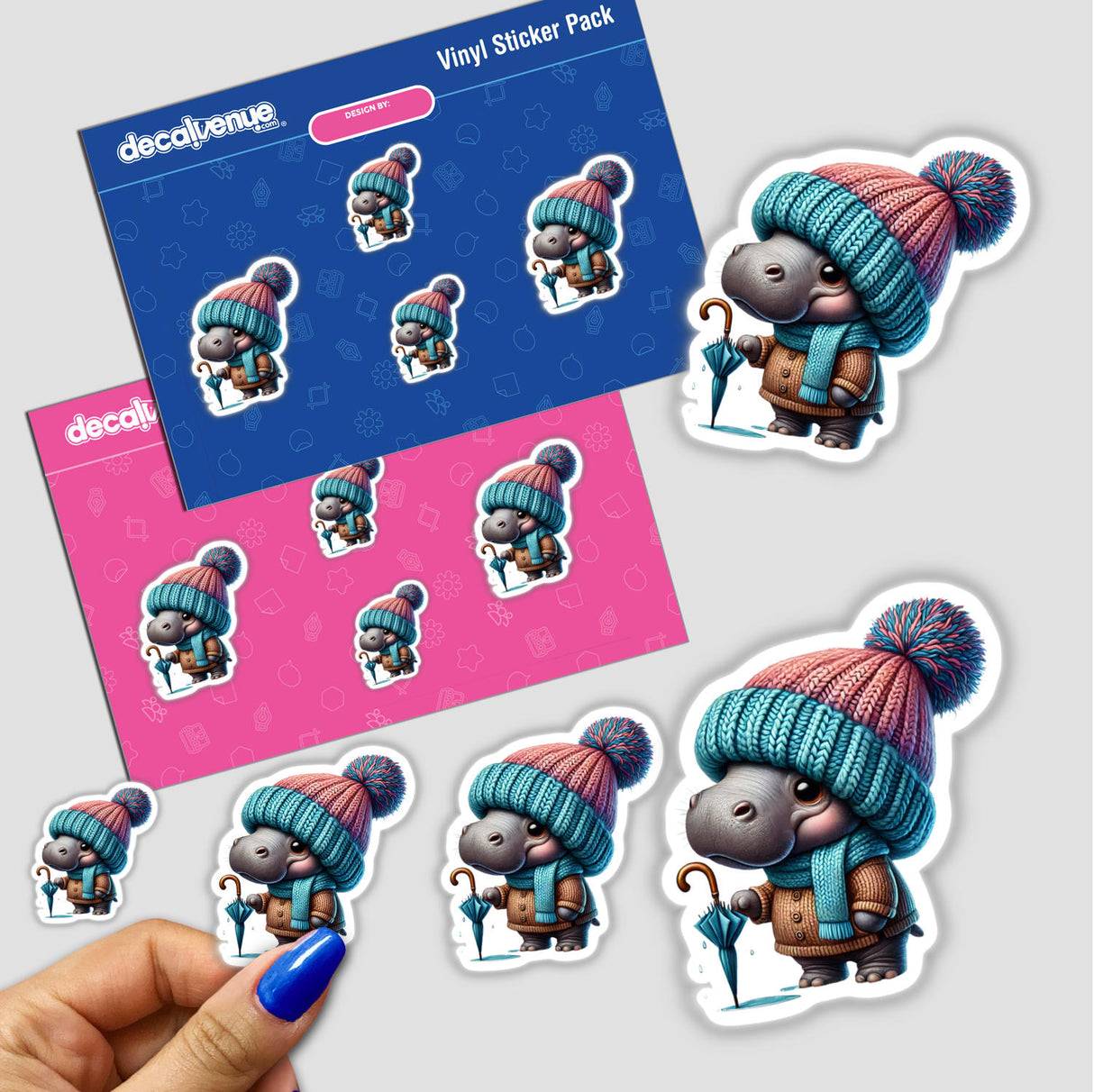 Hippo Gnome with Umbrella - detailed digital art stickers pack featuring a hippo wearing a cozy hat and scarf, available as vinyl Stickers and digital artwork.