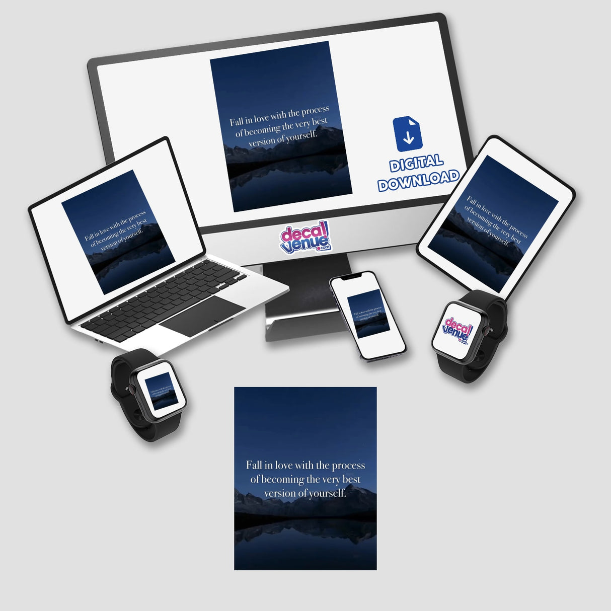 Fall in love with the process of becoming the very best version of yourself features mountains reflecting in water under a dark sky, embodying serene motivation. Available as stickers or digital artwork.