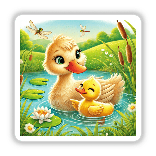 Mother Duck with Duckling Swimming in Water depicted in a whimsical cartoon style, showcasing a duck and duckling in a pond. Available as stickers or digital artwork from Decal Venue.
