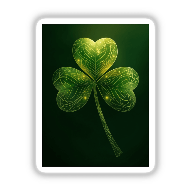 Mystical Shamrock – Green Clover with Glowing Gold Swirls, available as stickers or digital artwork, showcases a detailed four-leaf clover design highlighted by intricate golden patterns.