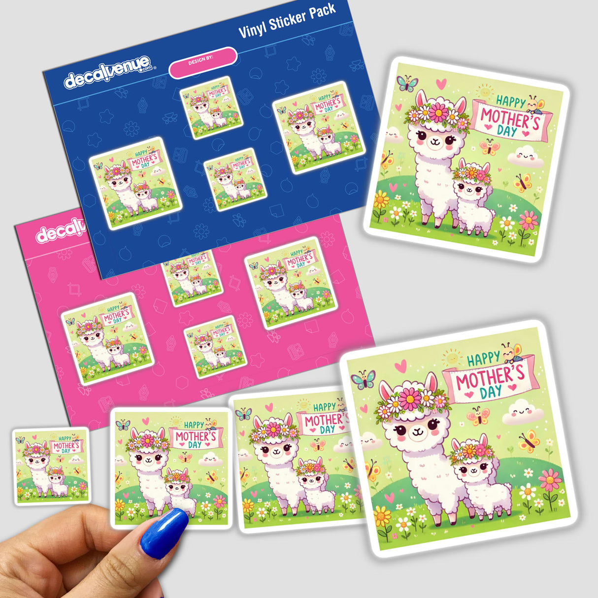 Mother's Day Alpaca Graphic Floral Happy Scene featuring an alpaca surrounded by flowers, available as stickers or digital artwork, embodying Decal Venue's unique vinyl sticker and digital art offerings.