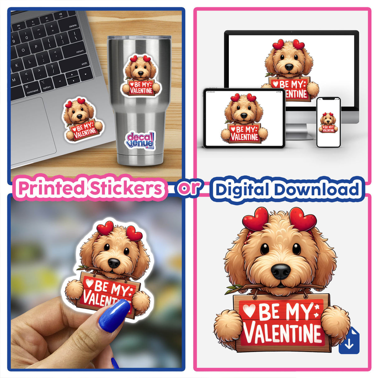 GoldenDoodle Be My Valentine sticker, featuring a cartoon dog holding a sign, available as a sticker or digital download from Decal Venue.