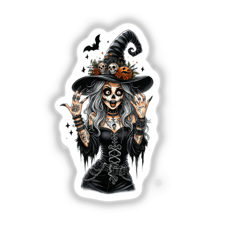 Spooky Zombie Halloween Witch sticker featuring a cartoon woman with a painted face, skull details, and Halloween-themed elements. Available as Stickers or Digital Artwork from Decal Venue.