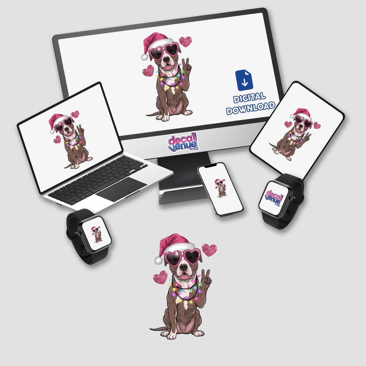 Christmas Santa Pitbull Dog Peace Sign III sticker featuring a cartoon pitbull wearing sunglasses and a Santa hat.