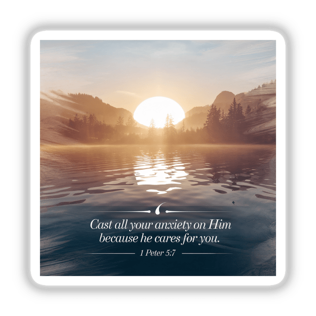 Sticker or digital artwork featuring the text Cast all your anxiety on Him because He cares for you. 1 Peter 5:7 over a serene lake and mountain backdrop with sunlight filtering through trees.