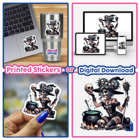 Hocus Pocus Skeleton Mama Witch collage featuring stickers and digital artwork, including a cartoon witch with broom and cauldron, and a close-up of a hand with blue-painted fingernail.