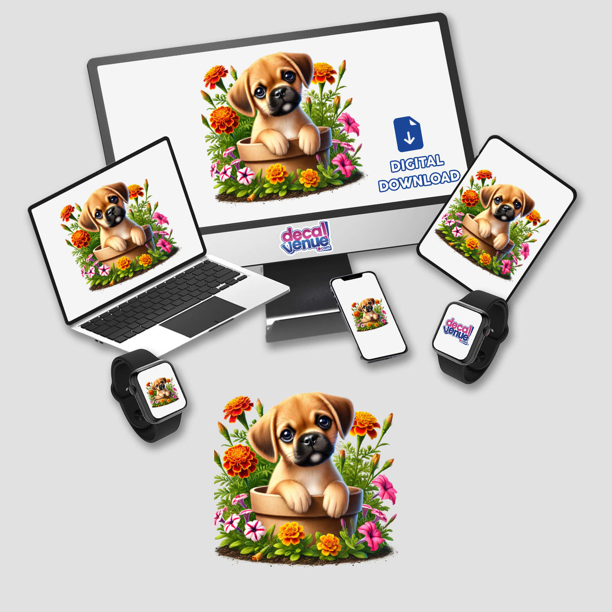 Puggle Dog Peeking Out of Flower Pot