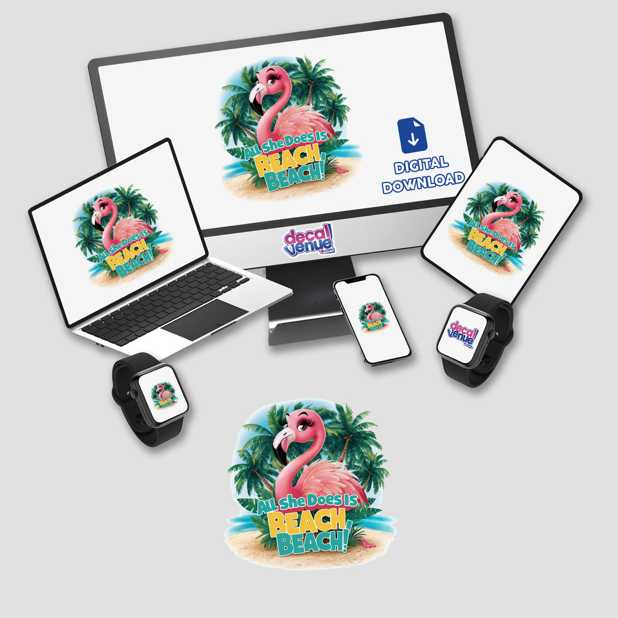 Digital artwork featuring a vibrant pink flamingo surrounded by palm trees on a beach scene. The design is titled "All She Does is Beach" and the Decal Venue logo is prominently displayed, indicating this is a product offering from that store.