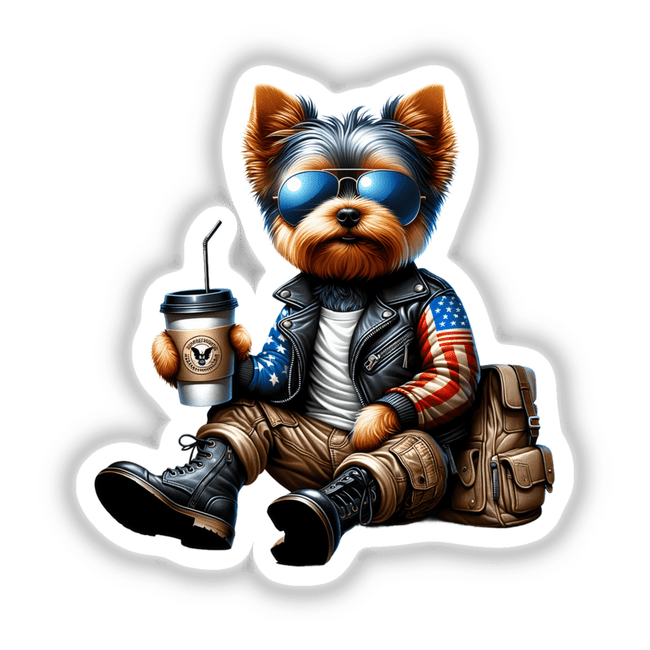 Patriotic Yorkshire Terrier with Coffee, Digital Artwork available as stickers or digital download format
