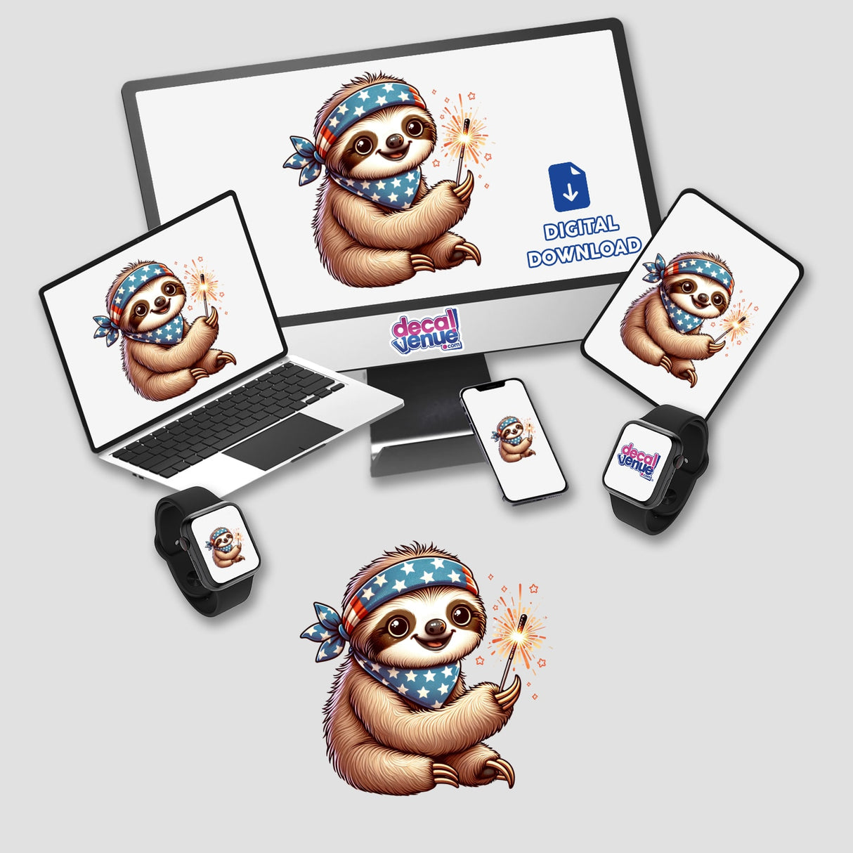Patriotic Sloth Wearing Bandana Holding Sparkler