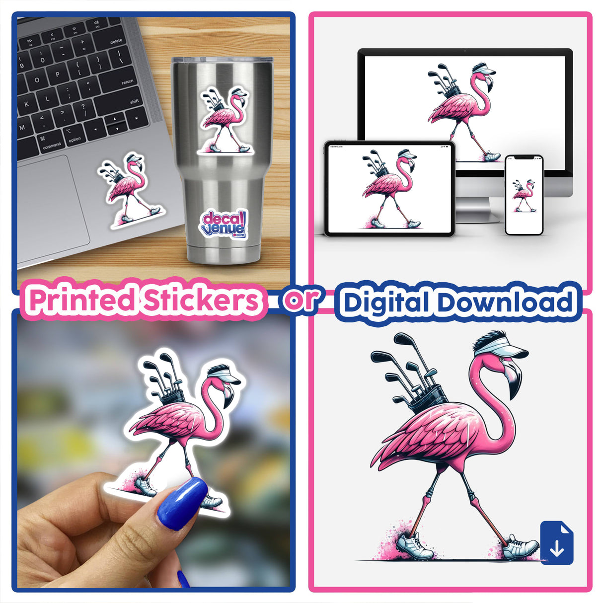 Flamingo Going Golfing sticker, featuring a cartoon flamingo carrying golf clubs, perfect for decorating laptops or using as digital artwork. Available at Decal Venue for unique vinyl stickers and digital art enthusiasts.