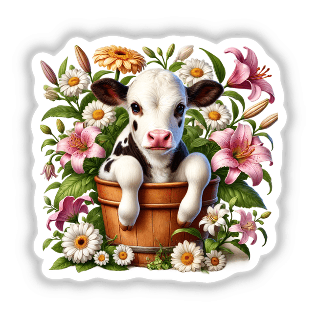 Spotted Cow Peeking Out of Flower Pot