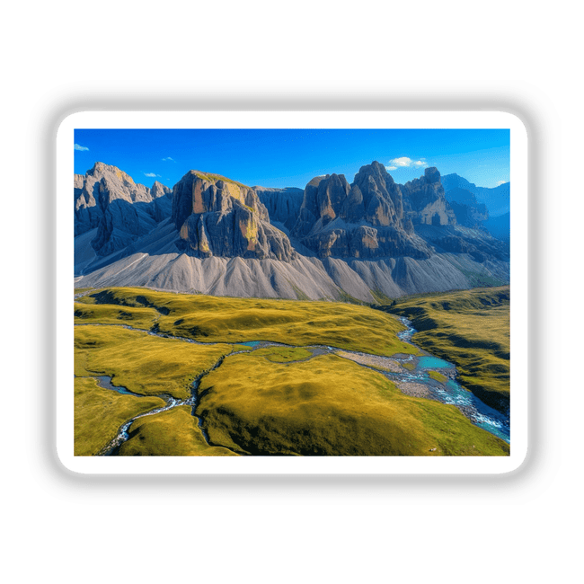 Majestic Rocky Cliffs Overlooking Verdant Valleys and Turquoise Streams, available as stickers or digital artwork, depicting a serene mountain landscape with flowing rivers and lush greenery.