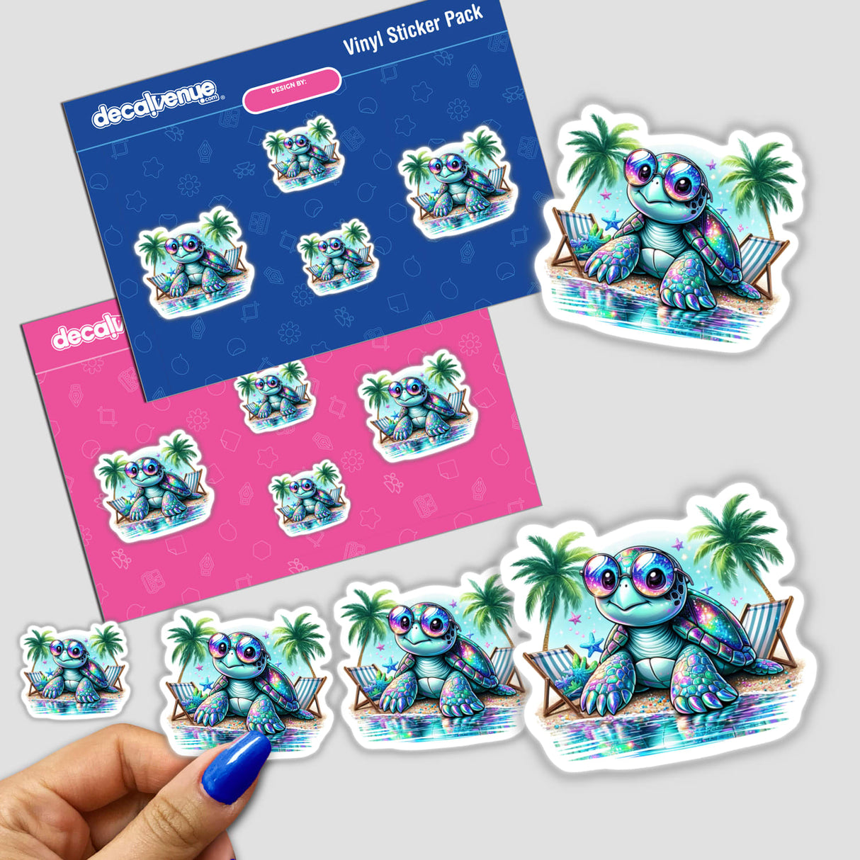Reflecting Holographic Color Beach Sea Turtle sticker pack featuring cartoon turtles, including one lounging on a beach chair and another wearing sunglasses, capturing a playful and vibrant stationary theme.