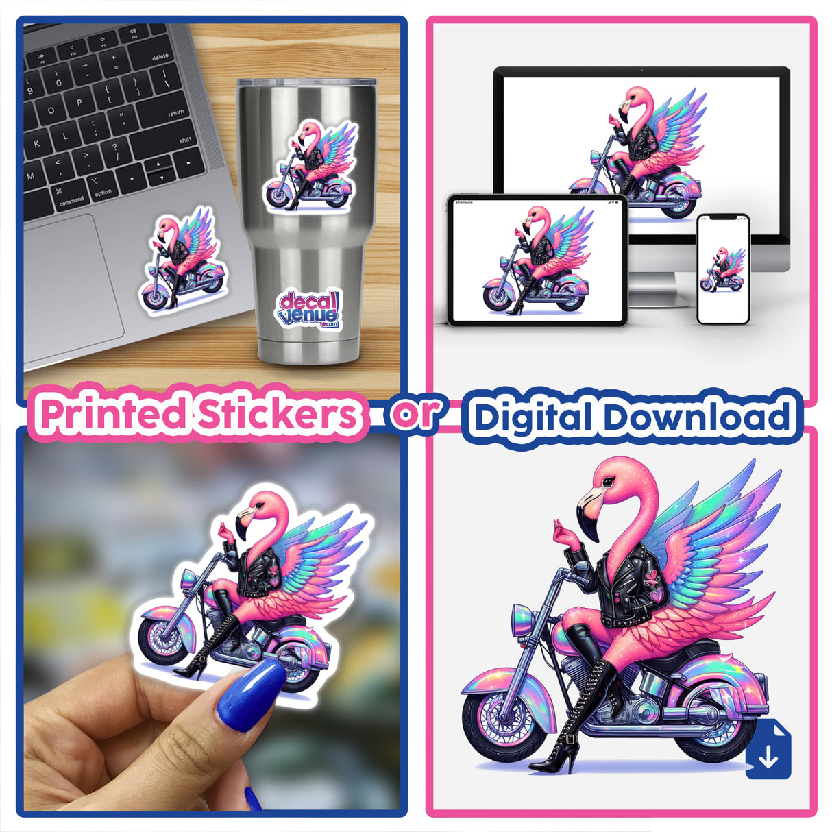 Girlie Flamingo Biker Chic design featuring a stylish flamingo in biker gear, available as stickers or digital artwork from Decal Venue. Perfect for adding personality to any surface.