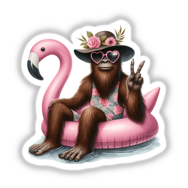 Sasquatch Showing Peace in Flamingo Float depicts a cartoon monkey wearing sunglasses and a hat, sitting on a pink flamingo. Available as stickers or digital artwork at Decal Venue.