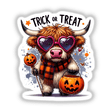 Highland Cow Halloween Trick or Treater: Cartoon cow in sunglasses and scarf, holding a pumpkin basket, perfect for stickers or digital art.
