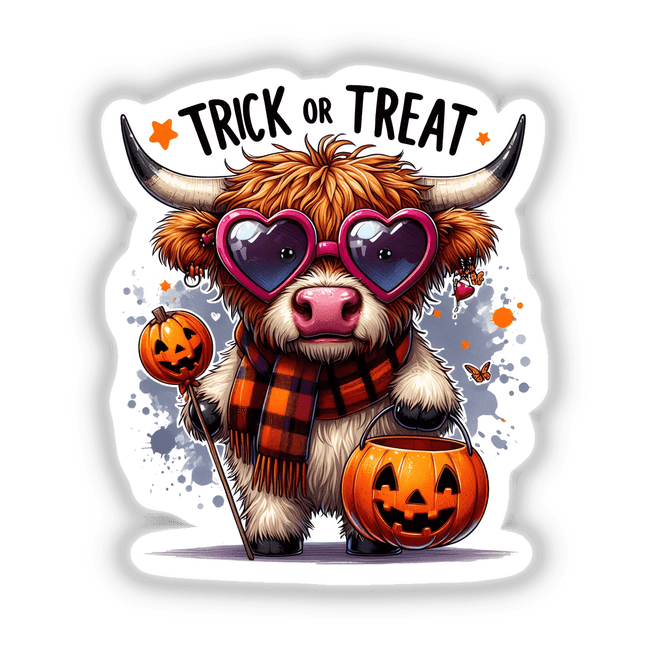 Highland Cow Halloween Trick or Treater: Cartoon cow in sunglasses and scarf, holding a pumpkin basket, perfect for stickers or digital art.