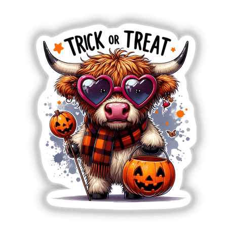 Highland Cow Halloween Trick or Treater: Cartoon cow in sunglasses and scarf, holding a pumpkin basket, perfect for stickers or digital art.