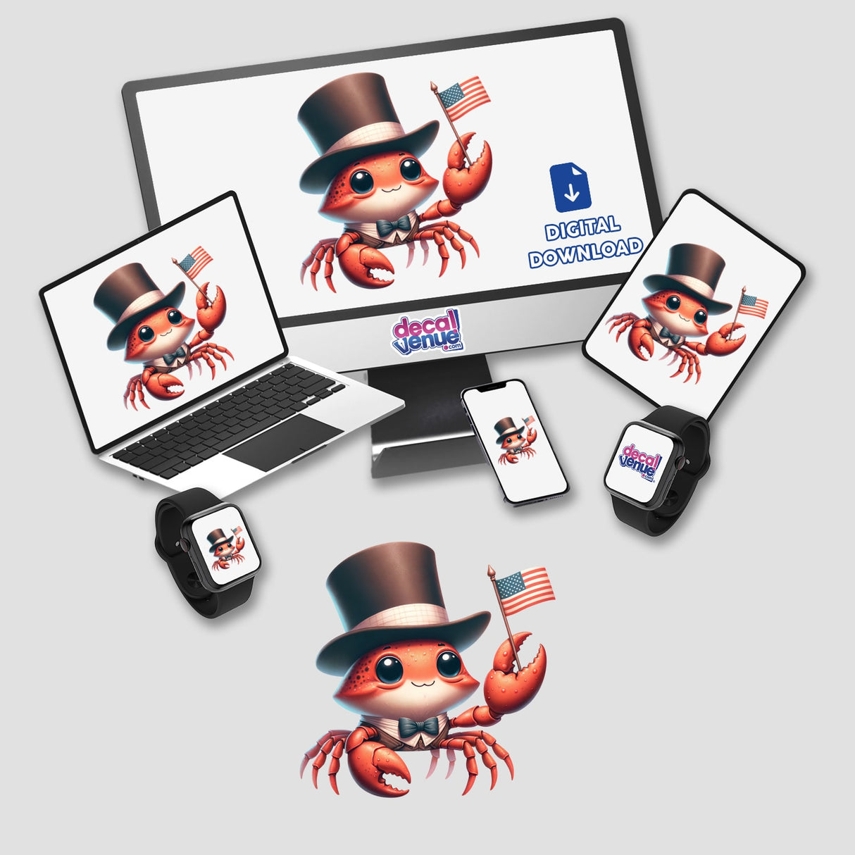 Crab Wearing Top Hat Holding American Flag