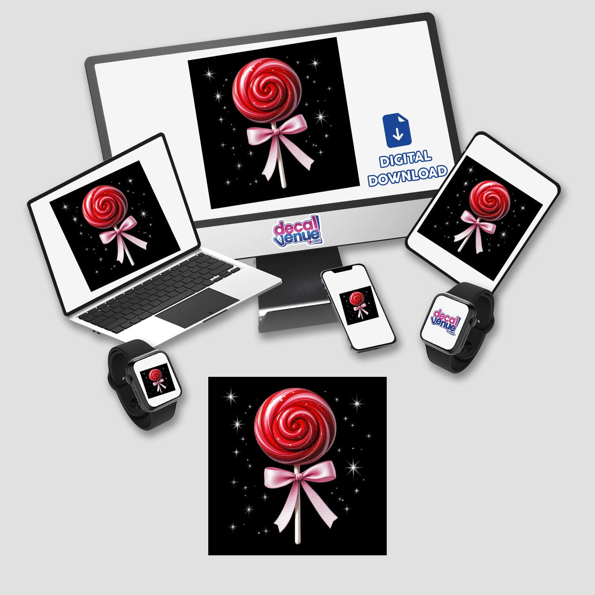 Red Lollipop with Pink Ribbon and Silver Stars displayed on various digital devices, representing stickers or digital artwork from Decal Venue's unique collection.