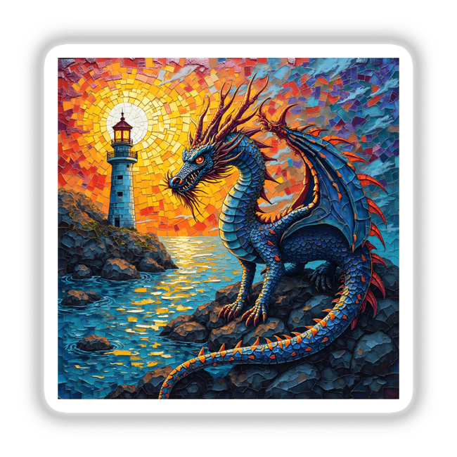 Mystical Dragon Blended with Lighthouse in Glass Mosaic Design featuring a detailed mosaic of a dragon intertwined with a lighthouse, available as unique stickers or digital artwork.