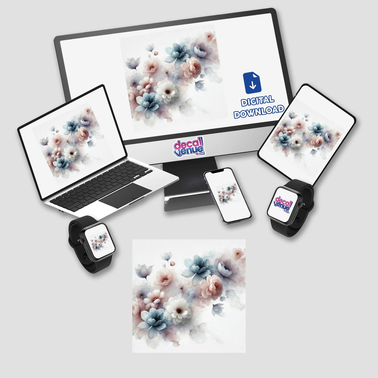 Ethereal Blossoms - Floating Floral Watercolors displayed on a computer monitor and laptop screen, available as stickers or digital artwork from Decal Venue.