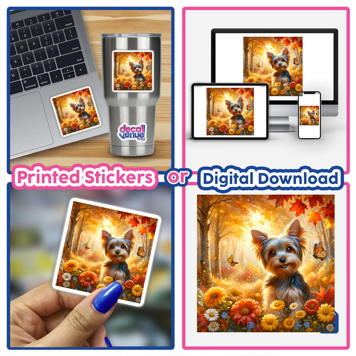 Yorkshire Terrier in a Cozy Autumn Park Watercolor Illustration featured on a laptop and a silver mug as stickers, showcasing unique digital artwork.