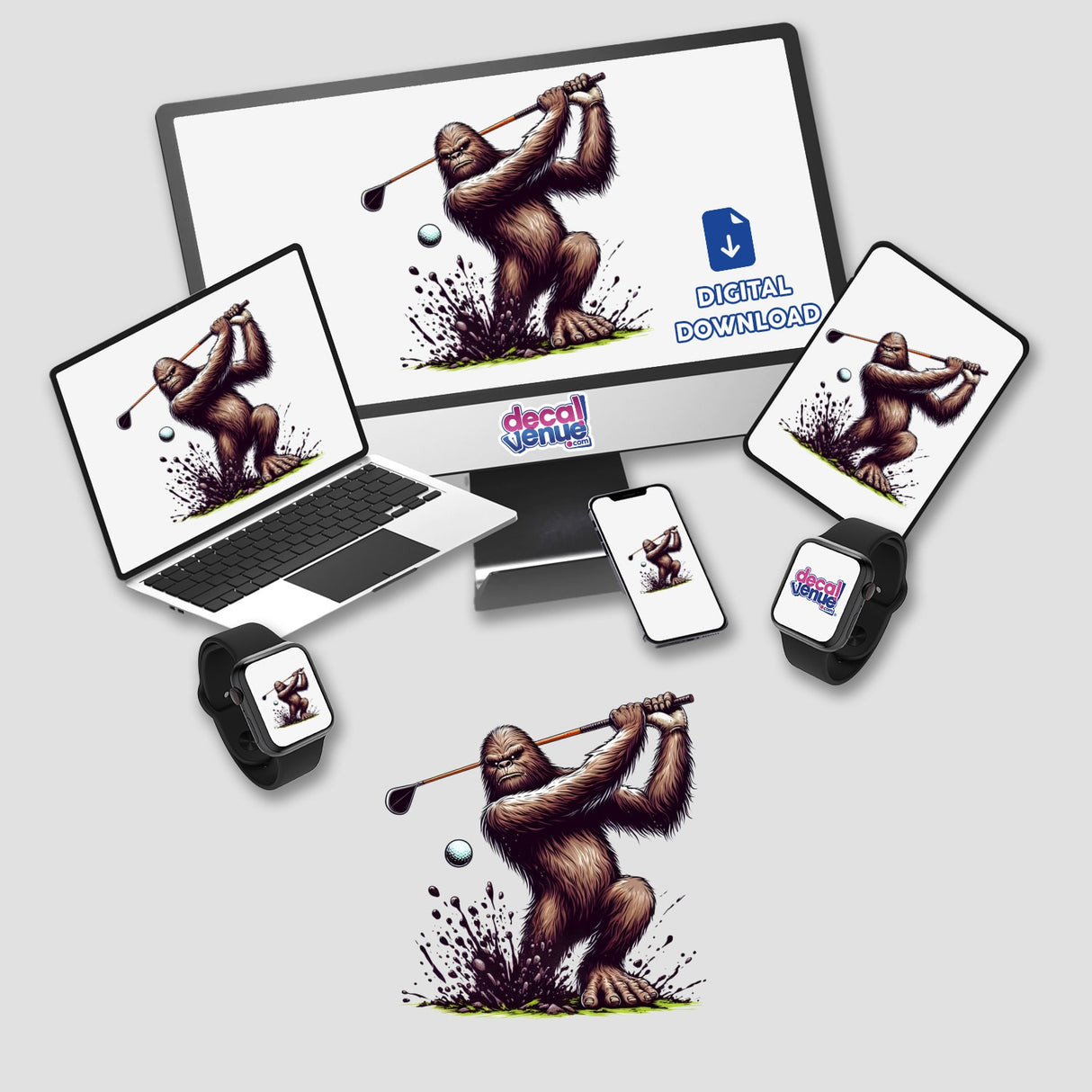 Sasquatch Golfing digital artwork displayed on a computer and laptop screen, featuring a cartoon gorilla swinging a golf club. Available as stickers or digital art from Decal Venue.