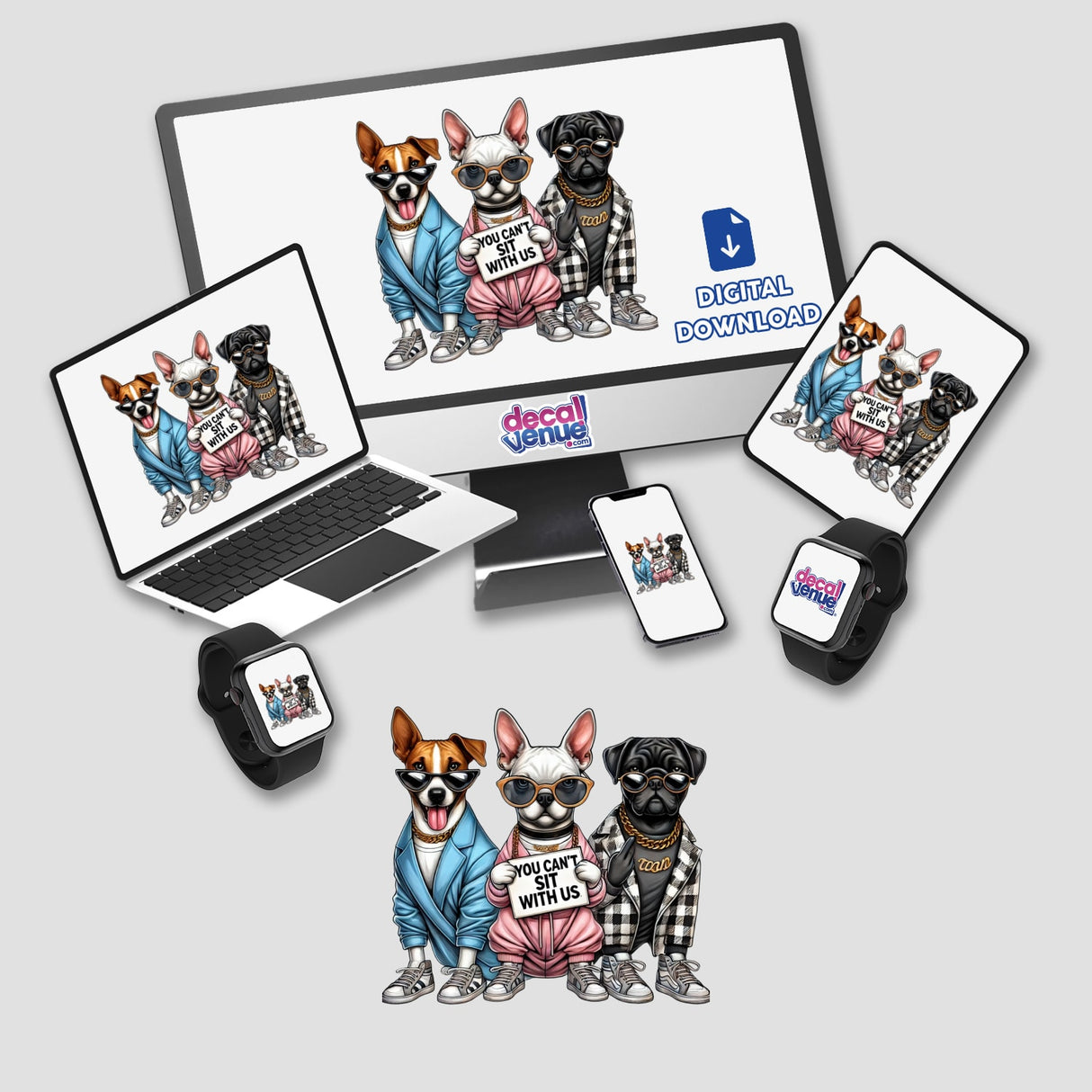 Computer monitor and laptop displaying Trendy Pooches Dogs You Can’t Sit With Us digital artwork, featuring cartoon dogs wearing sunglasses and accessories. Available as stickers or digital artwork.