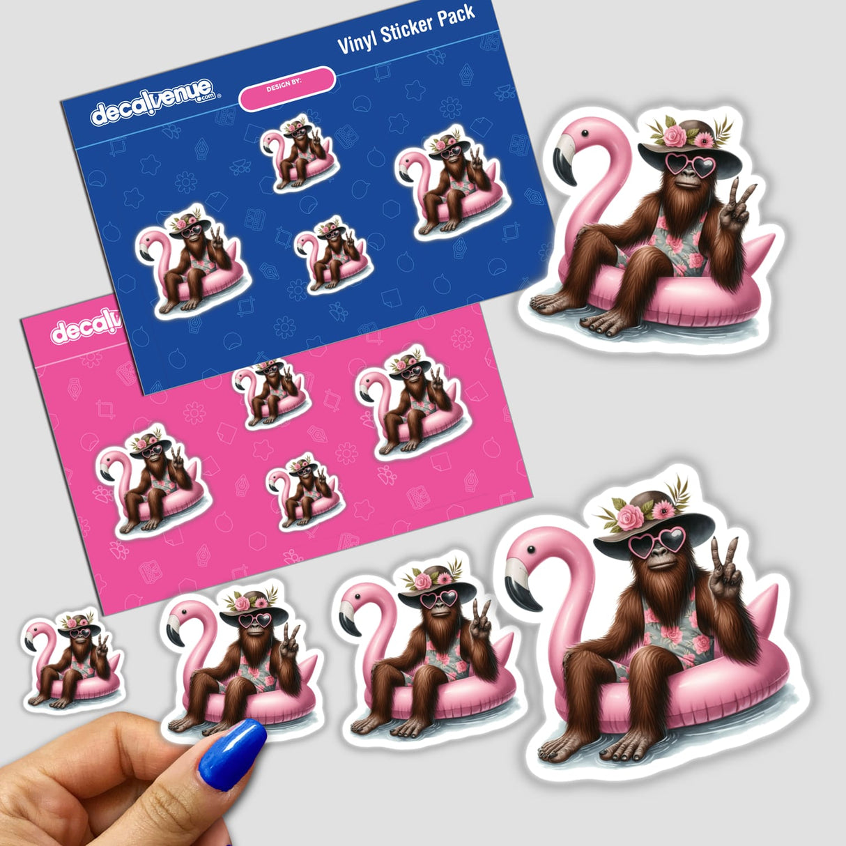 Sasquatch Showing Peace in Flamingo Float sticker features a cartoon monkey with a hat and sunglasses, humorously seated in a pink flamingo float, available as vinyl stickers or digital artwork.