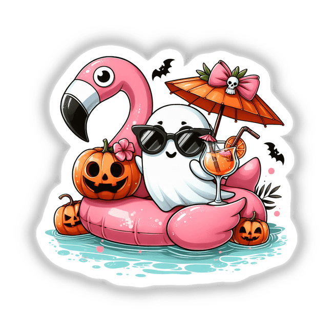 Halloween Boo Ghost on Flamingo Float cartoon, featuring a ghost riding a flamingo pool float. Available as stickers or digital artwork.