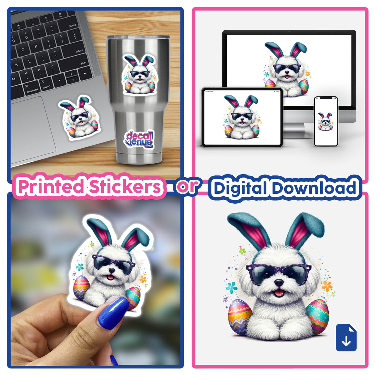 Maltese Easter Bunny sticker collage featuring dogs in sunglasses and bunny ears, perfect for laptops or cups. Available as stickers or digital downloads from Decal Venue.