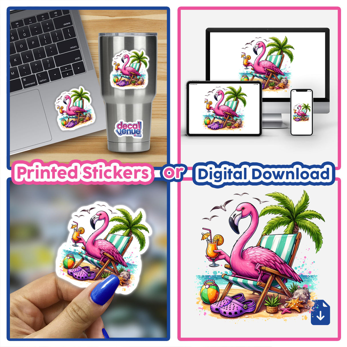 Relaxed Flamingo Sitting at the Beach depicted as a whimsical sticker or digital artwork, showcasing a serene flamingo lounging by the shore, embodying Decal Venue's unique vinyl and digital art style.