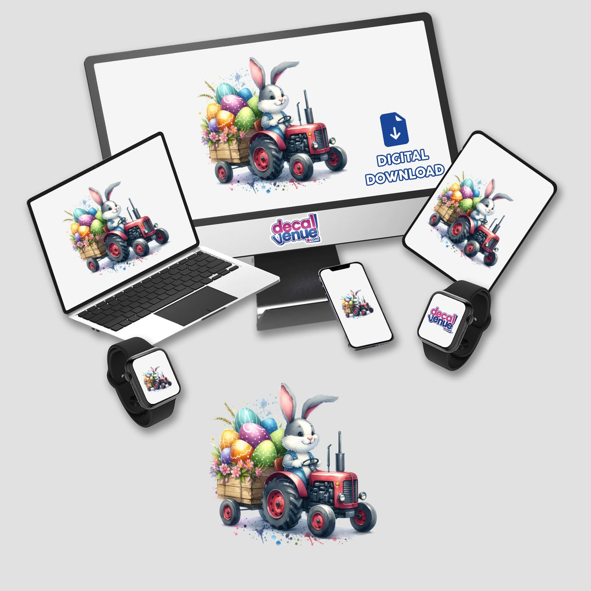 Easter Egg Bunny Tractor III: Cartoon bunny drives a tractor with a cart full of eggs, displayed on a computer monitor and laptop. Available as stickers or digital artwork from Decal Venue.