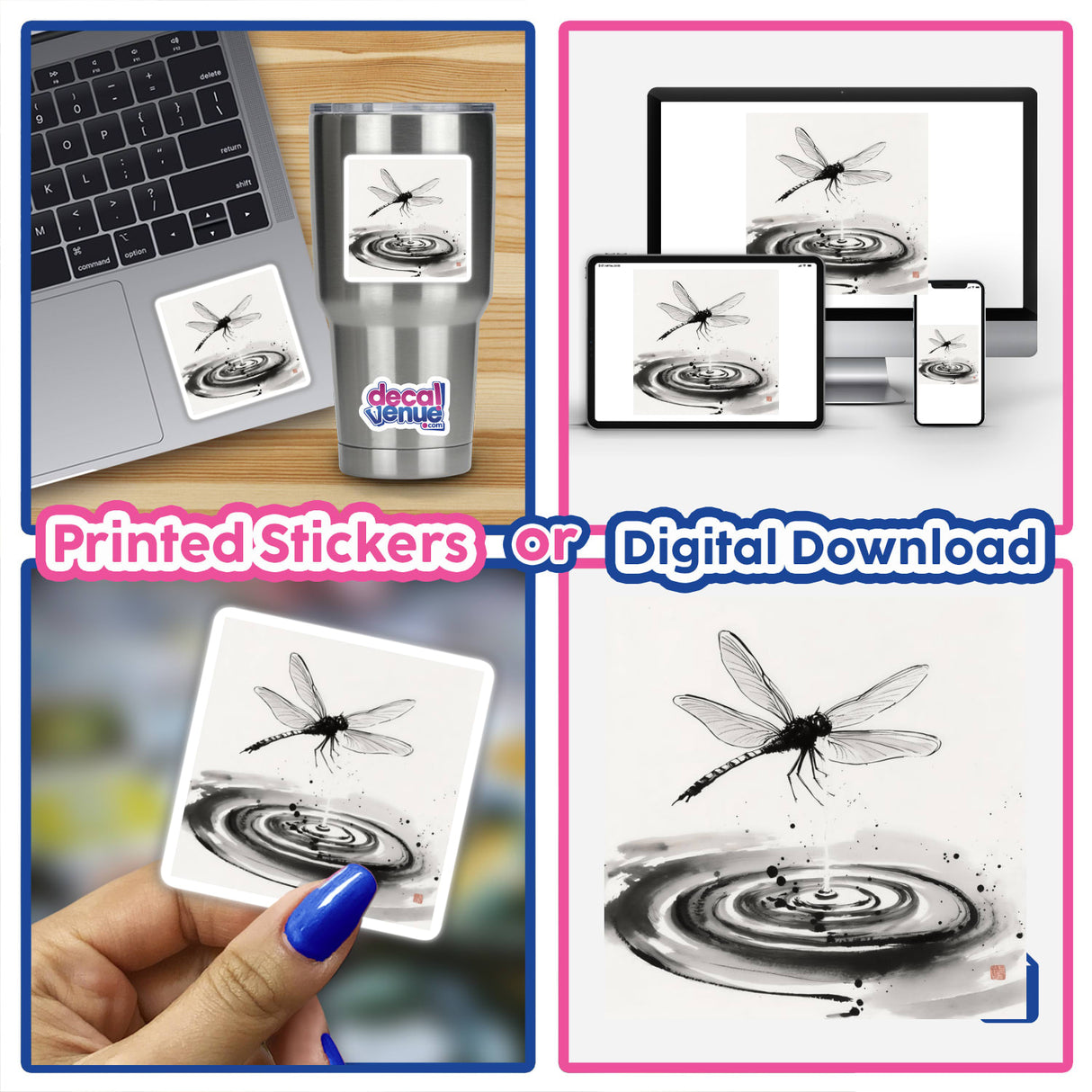 Dragonfly Over Water Sumi-e Japanese Watercolor Scene depicted as a sticker or digital artwork, showcasing a serene dragonfly hovering over calm water, embodying traditional brushstroke elegance.