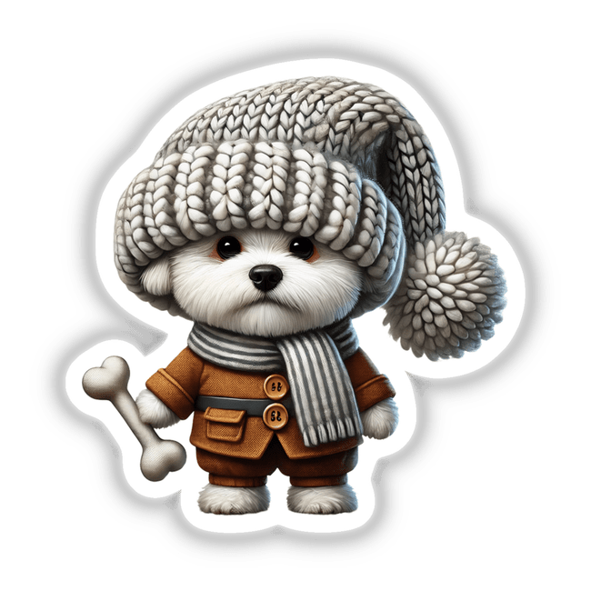 Adorable Bichon Frise Gnome Holding Bone in Cozy Winter Outfit