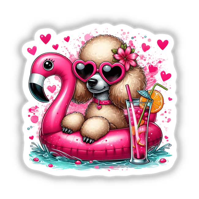 Summer Poodle Dog in Flamingo Float depicted as a playful design, offered as both stickers and digital art.