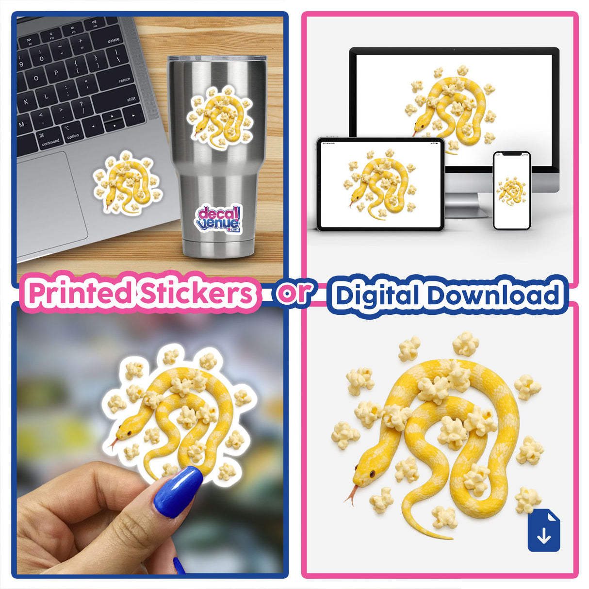 Yellow and White Snake with Popcorn design shown as vinyl stickers on a laptop and tumbler, and as digital artwork on various devices, capturing Decal Venue's unique style.